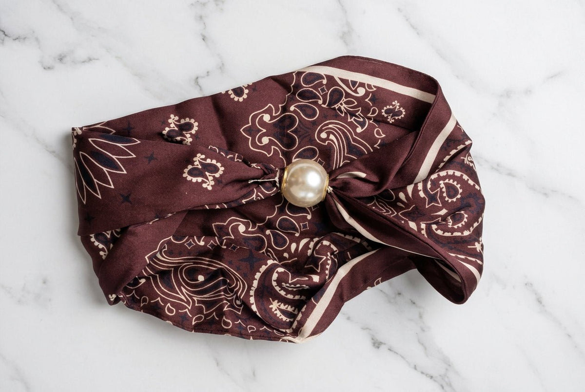 Pearl Neck Scarf Brown Print - Lily's Boutique
