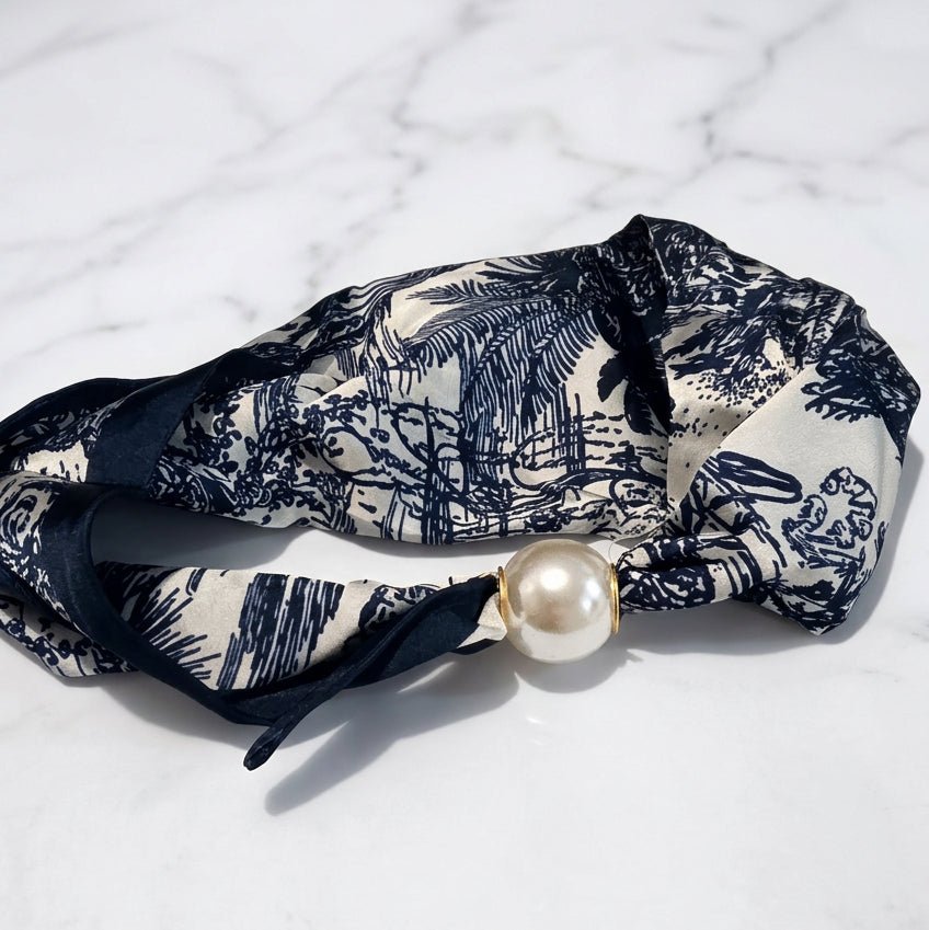 Pearl Neck Scarf Navy Print - Lily's Boutique